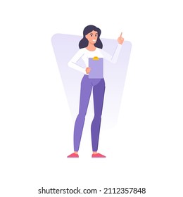 Smiling young brunette woman public speaker performing at auditorium with clipboard forefinger pointing vector flat illustration. Happy business female talking report seminar presentation isolated