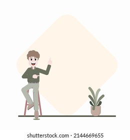 Joven empresario sonriente con cómoda ropa informal sentada en taburetes de bar posan con el dedo señalador , ilustración vectorial