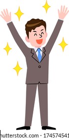 Smiling young business man raising both hands