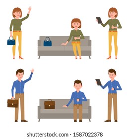 Smiling, young business man and woman vector illustration. Standing side view, waving hello, using tablet, sitting on sofa, waiting, reading office boy and girl cartoon character set