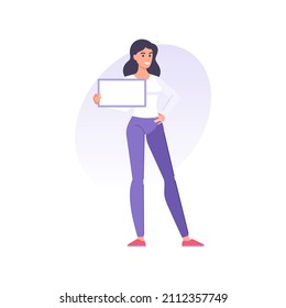 Smiling young business woman holding empty placard rectangle banner for advertising vector flat illustration. Happy brunette female demonstrate billboard board for announce sale message isolated