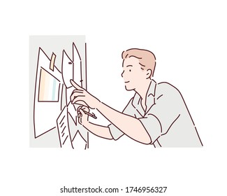 Smiling Young Businessman Busy Writing On Whiteboard, Developing Company Through A Financial Business Plan. Hand Drawn Style Vector Design Illustrations.