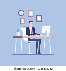 Smiling young businessman or male clerk sitting at the office desk and working at the computer and looking at screen flat vector illustration. Pleasant and comfortable workplace