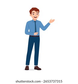 Smiling Young Businessman Presenting with Open Hand in Formal Attire Illustration