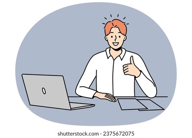 Smiling young businessman sit at office desk work on computer show thumb up. Smiling male employee recommend good workplace or company. Vector illustration.