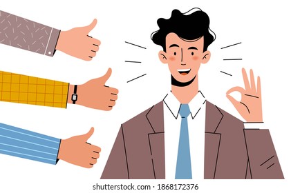 Smiling young businessman. Social support and approval. Positive thinking concept.