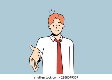 Smiling young businessman stretch hand for handshake with business client or partner. Male employee handshake customer. Greeting or acquaintance. Vector illustration. 