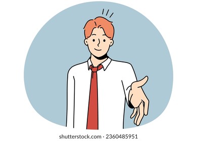 Smiling young businessman stretch hand for handshake with business client or partner. Male employee handshake customer. Greeting or acquaintance. Vector illustration.