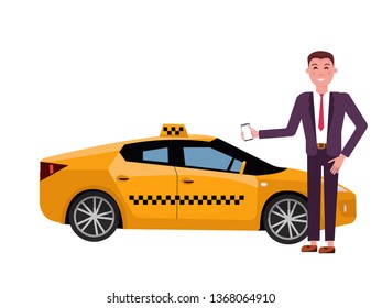 Smiling young businessman in a suit calls a taxi by a mobile phone. Side view of modern yellow taxi car on white background. City transtort concept. Vector flat cartoon illustration