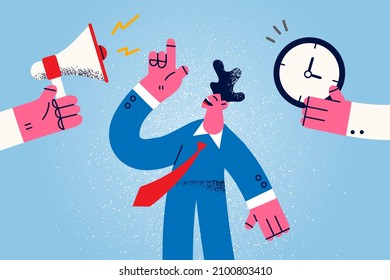 Smiling young businessman work meet deadline multitasking. Happy male employee or worker with megaphone and clock. Time management and schedule. Flat vector illustration. 