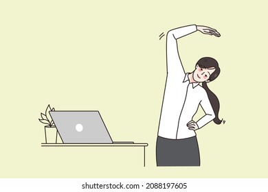 Smiling young businesswoman do gymnastics near computer at workplace. Happy female employee or worker stretch exercise in office, tired of sedentary lifestyle. Flat vector illustration. 