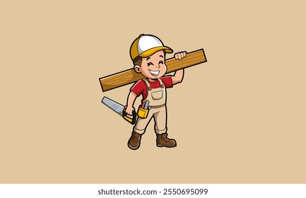 Smiling young carpenter with tools and a wooden plank.