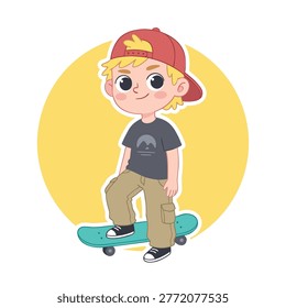 Smiling young cartoon boy wearing a red cap and casual clothes standing on a turquoise skateboard, ready for an exciting ride.