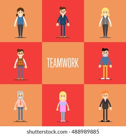 Smiling young cartoon people characters stand on red background. Teamwork concept, isolated vector illustration in flat design. 