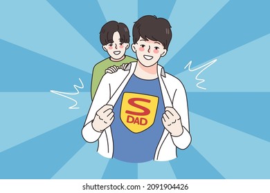 Smiling young Caucasian father show Super dad t-shirt have fun with small son. Happy little boy child hug daddy demonstrate love and care. Fatherhood, best parent concept. Flat vector illustration. 