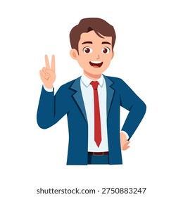 Smiling Young Caucasian Man in Blue Suit Showing Peace Victory Sign Expressing Positive Mood