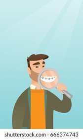 Smiling young caucasian man holding a magnifying glass in front of teeth and showing his teeth with braces. Vector flat design illustration. Vertical layout.