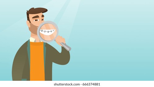 Smiling young caucasian man holding a magnifying glass in front of teeth and showing his teeth with braces. Vector flat design illustration. Horizontal layout.