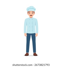 Sonriente joven chef de pie recto con uniforme Sentimiento feliz y alegre