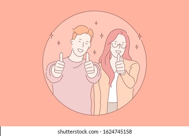 Smiling young couple, good mood concept. Positive emotions, happy people, boyfriend and girlfriend showing thumb up, mirth and gladness, cheerful facial expression. Simple flat vector