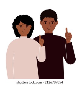 Smiling young couple, good mood concept. Positive emotions, happy people, boyfriend and girlfriend showing thumbs up, fun and joy. Vector flat illustration