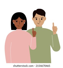 Smiling young couple, good mood concept. Positive emotions, happy people, boyfriend and girlfriend showing thumbs up, fun and joy. Vector flat illustration