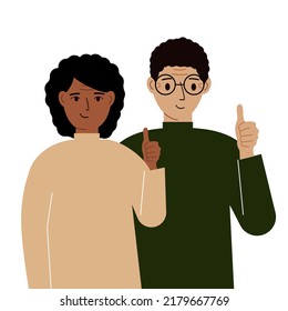 Smiling young couple, good mood concept. Positive emotions, happy people, boyfriend and girlfriend showing thumbs up, fun and joy. Vector flat illustration