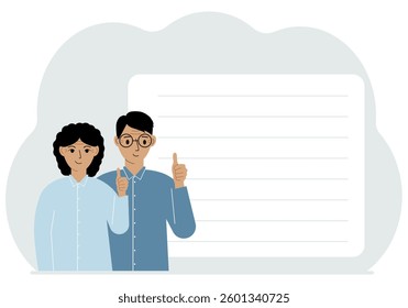 Smiling young couple, good mood concept. Positive emotions, happy people, boyfriend and girlfriend showing thumbs up, fun and joy.