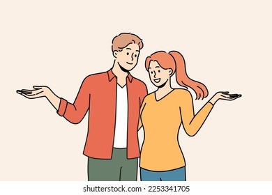 Smiling young couple with open arms feeling positive and cheerful. Happy man and woman show good mood and emotion. Vector illustration. 