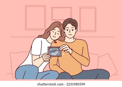 Smiling young couple sit on sofa show embryo image excited about pregnancy. Happy family demonstrate baby ultrasound image. Future parenthood. Vector illustration. 