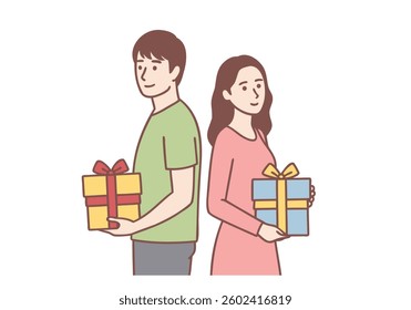 A smiling young couple stands opposite each other, hiding an anniversary gift box. Hand drawn style vector design illustrations.