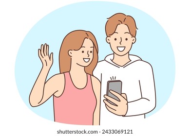 Smiling young couple talk on video call on cellphone. Happy man and woman wave with hand greeting talking on webcam on smartphone. Vector illustration.