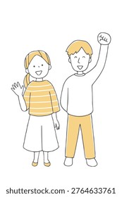 Smiling young couple waving monochrome