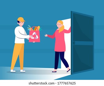 Smiling young courier delivering bag from grocery store. Door, order, food flat vector illustration. Shopping at home and delivery concept for banner, website design or landing web page