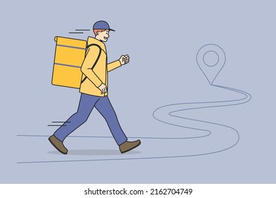 Smiling young courier guy with box deliver dinner or lunch to client. Happy deliveryman in hurry delivering order to customer. Fast express delivery service concept. Vector illustration. 