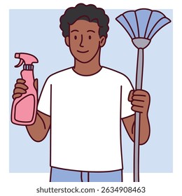 Smiling young dark skinned man holding a mop and spray bottle, representing a janitor, cleaner, or sanitation worker in a style