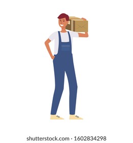 Smiling young delivery man or courier in uniform overall holding and carrying a cardboard box vector illustration isolated on white background. Mail service concept.