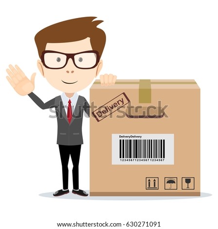 Smiling young delivery man holding and carrying a cardbox isolated on white background. Stock flat vector illustration.