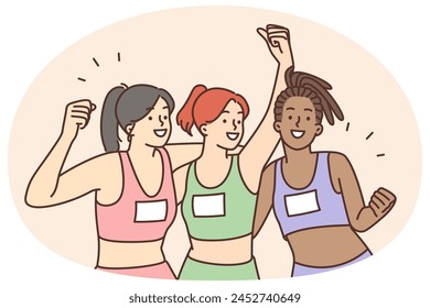 Las jóvenes y diversas atletas celebran la victoria en la competición. Mujeres multirraciales felices en ropa deportiva triunfan con la victoria en la carrera o el concurso deportivo. Ilustración vectorial.