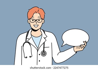 Smiling young doctor in medical uniform hold empty speech bubble. Happy medical worker with mockup talk balloon share message. Vector illustration. 