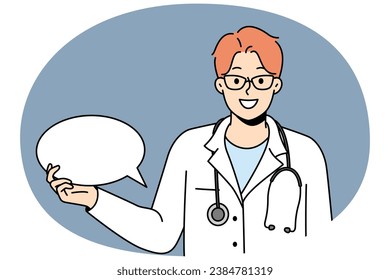 Smiling young doctor in medical uniform hold empty speech bubble. Happy medical worker with mockup talk balloon share message. Vector illustration.