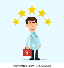 Smiling young doctor  with a stethoscope and top rating - five stars. Medical service, health care ranking - 5 stars. Vector illustration, flat design cartoon style, isolated background.