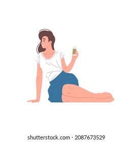 Smiling young elegance woman relaxing sitting with bottle of fresh liquid dairy beverage vector flat illustration. Happy female resting enjoying drinking vitamin lactose yogurt plastic can isolated