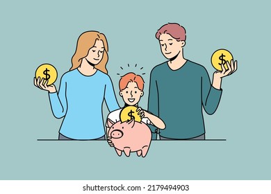 Smiling Young Family With Child Put Coin Into Piggybank. Happy Parents And Small Kid Invest Money For Future. Saving And Finance Stability. Vector Illustration. 