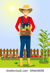 Smiling young farmer holding box with organic vegetables, beautiful sunshine and farm landscape, cartoon flat-style vector illustration.