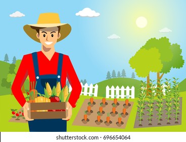 Smiling young farmer holding box with organic vegetables, beautiful sunshine and farm landscape, cartoon flat-style vector illustration.
