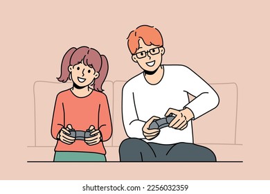 El joven y sonriente padre e hija se divierten jugando video juegos juntos en casa. Feliz padre y niña pequeña disfrutan los juegos de computadora el fin de semana. Ilustración vectorial. 