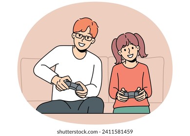 Smiling young father and daughter have fun playing video games together at home. Happy dad and little girl child enjoy computer gaming on weekend. Vector illustration.