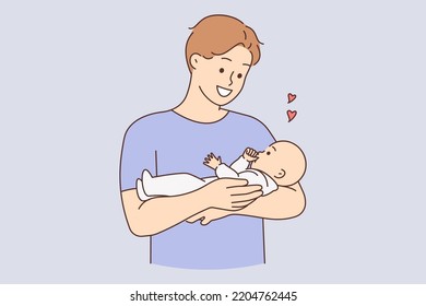 Smiling young father holding baby in arms showing love and care. Happy dad cuddle cute infant. Fatherhood and infantry. Vector illustration. 