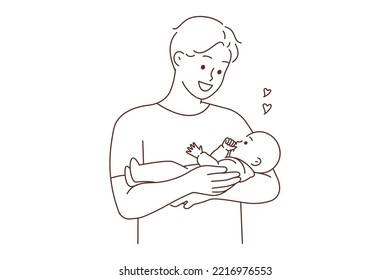 Smiling young father holding baby in arms showing love and care. Happy dad cuddle cute infant. Fatherhood and infantry. Vector illustration. 